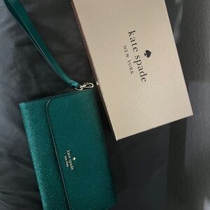 Kate Spade Green Glitter Leather Wristlet Clutch